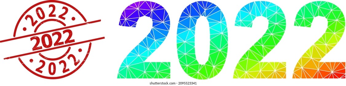 2022 scratched stamp print, and low-poly rainbow colored 2022 year digits icon with gradient. Red stamp seal has 2022 tag inside round and lines shape.