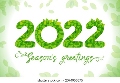 2022 Seasonal green numbers with leaf. Happy holiday congrats sign. Green leaves frame, calligraphic brushing text and plant elements. 2, 20% percent off, isolated graphic design template