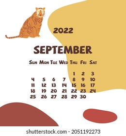 2022 september calendar with abstract shapes and tiger. Colorful modern calendar with trending colors, monthly planner. Vector hand drawn illustration. Modern simple design. Autumn month