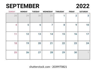 2022 September Calendar Vector illustration