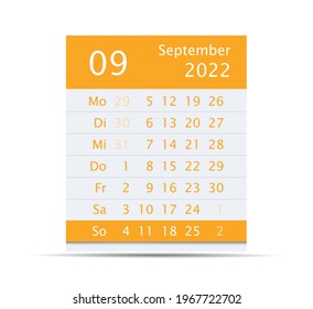 2022 September Month Calendar. Germany version. Flat design. Isolated on white.