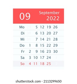 Calendario Mes de Septiembre 2022. Versión alemana. Diseño plano. Aislado en blanco.