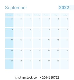 2022 September wall planner in blue color, week starts on Sunday. Calendar for September 2022 with day of previous and next month.