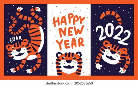 2022. Set of banners or cards with a funny tiger for Chinese Happy New Year 2022. Concept for Year of the Tiger. Creative hand drawn vector illustration. Blue and orange.