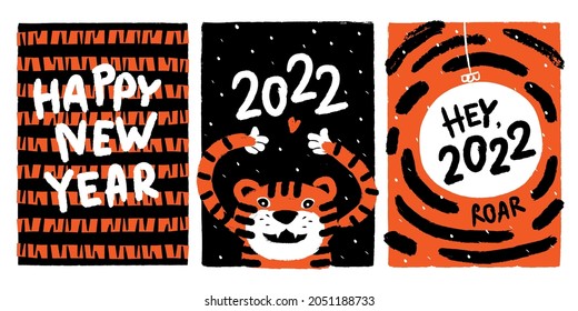 2022. Set of greeting cards or posters with funny tiger for Chinese Happy New Year 2022. Concept for Year of the Tiger. Creative hand drawn vector illustration. Black and orange. Animal striped print.