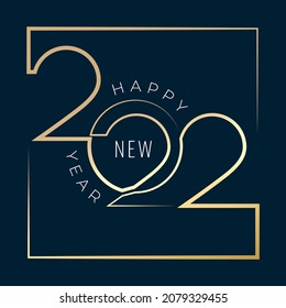 Numerales de estilo de línea nítida de 2022 combinados con el concepto creativo con el logotipo invertido en marco y las letras de Año Nuevo feliz - Oro sobre fondo azul - Diseño gráfico plano vectorial