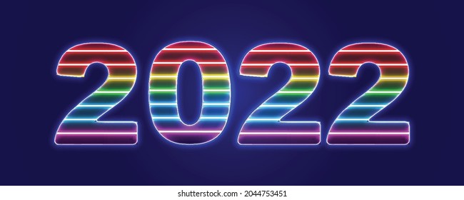 2022 Shining Rainbow Numbers. Neon New Year Banner, Glowing Lgbtq Greeting Card, Luminous Pride 2022 Seasonal Flyer on Dark Night Background