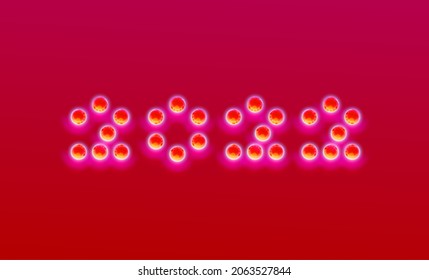 2022 shiny New Year sign made of red hot metallic balls with reflections. Winter holidays symbol for calendar or greeting card.