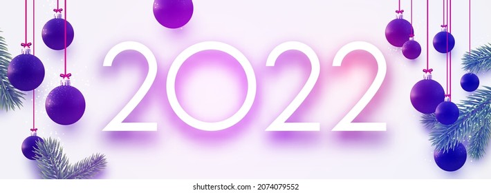 2022 sign with beautiful purple hanging Christmas bauble. Spruce branches. Vector festive illustration.