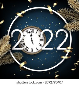 2022 sign with clock showing 2022 and fir branches. Round frame, golden stars confetti and serpentine. Vector holiday illustration.