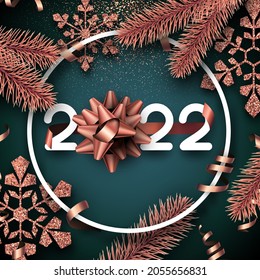 2022 sign with foil pink bow in round frame. Fir branches, big snowflakes, serpentine. Vector holiday illustration.