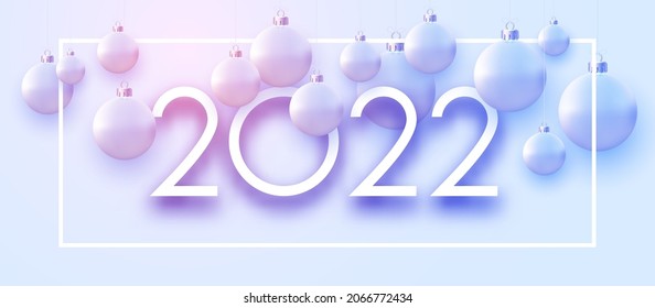 2022 sign with hanging beautiful light purple gradient Christmas baubles. Vector festive illustration.