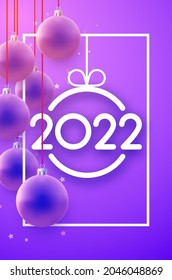 2022 sign with hanging beautiful pink Christmas balls. Square frame, stars confetti. Vector festive illustration.