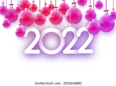 2022 sign with hanging beautiful pink gradient Christmas baubles. Vector festive illustration.