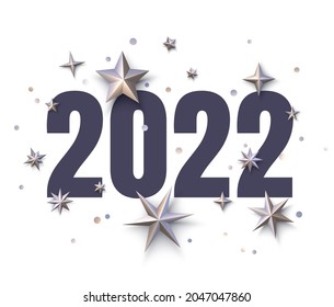 2022 sign on metallic stars confetti background. Vector holiday illustration.