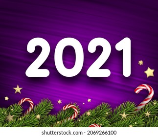 2022 sign on purple brush strokes background. Spruce branches with sugar canes. Happy New Year. Vector holiday illustration.
