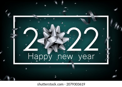 2022 sign with silver bow in square frame. Silver serpentine and stars confetti. Happy new year. Vector festive illustration.