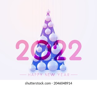 2022 sign ver hanging beautiful blue Christmas baubles. Christmas tree triangle silhouette. Vector festive illustration.
