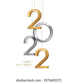 2022 silver and gold numbers hanging on white background. Vector illustration. Minimal invitation design for Christmas and New Year.