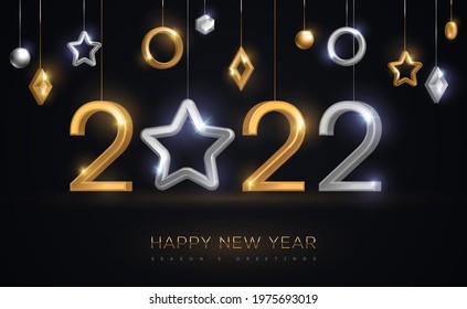 2022 silver and gold numbers with star hanging on black background. Vector illustration. Minimal invitation design for Christmas and New Year. Winter holiday decorations.