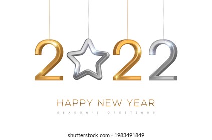 2022 silver and gold numbers with star hanging on white background. Vector illustration. Minimal invitation design for Christmas and New Year. Winter holiday decorations