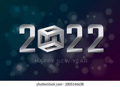 2022 Silver Metallic Numerals Logo with Irrational Cube Impossible Figure and Happy New Year Lettering - Chrome on Luminous Hexagons Background - Vector Gradient Graphic Design