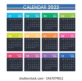 2022 Simple Calendar Colorful Design Week Starts On Sunday. Isolated on white. Calendar design template.