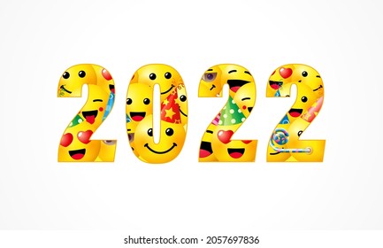 2022 smile slogan new year design on white background. Creative 20 22 digits with smiling icons, vector typography for greeting card or holiday banner
