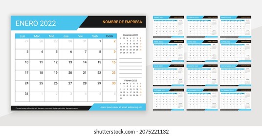 2022 Spanish  calendar. Desk planner template. Calender layout for year. Vector. Week starts Monday. Yearly organizer with 12 month. Schedule grid. Horizontal monthly diary. Simple illustration.