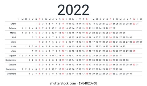 2022 Spanish calendar. Linear horizontal planner for year. Vector. Yearly calender template. Week starts Monday. Annual schedule grid with months. Landscape orientation. Simple design illustration.