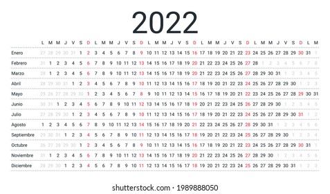 2022 Spanish calendar. Linear planner for year. Vector. Yearly horizontal calender template. Table schedule grid with 12 months. Week starts Monday. Landscape orientation. Simple design illustration.