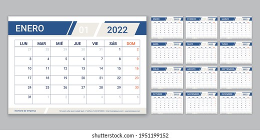 2022 Spanish calendar planner. Week starts Monday. Vector. Calender template with 12 month. Table schedule grid. Yearly organizer layout. Horizontal monthly diary. Simple illustration