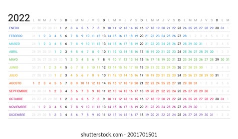 2022 Spanish linear calendar. Horizontal planner for year. Vector. Week starts Monday. Annual schedule grid. Yearly calender template with 12 months. Simple design illustration. Landscape orientation.