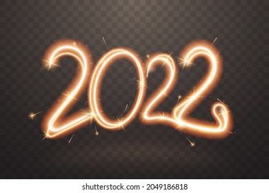 2022 sparkler sign. Firework sign with glow flare effect isolated on transparent background. Sparkling New Year number in freeze light style. Ideal for banner, flyer, poster. Vector illustration