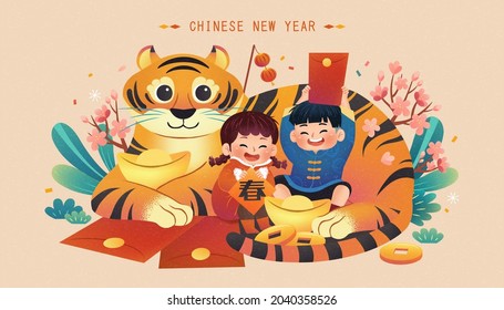 2022 spring theme CNY poster. Cute Asian children sitting with tiger and holding red envelope and spring couplet. Concept of traditional zodiac sign. Chinese text: Spring.