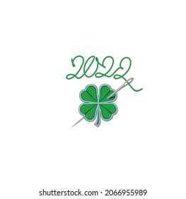 2022, St. Patrick's Day, Green clover leaf, Embroidered patch. Design for greeting cards, posters, t shirt, stickers.