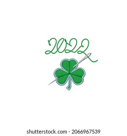 2022, St. Patrick's Day, Green clover leaf, Embroidered patch with a clover leaf. Design for greeting cards, posters, t shirt, stickers.