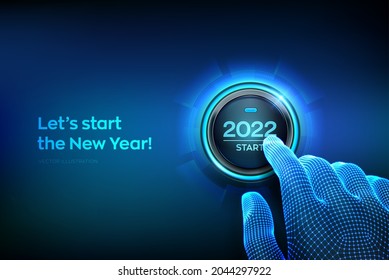 2022 start. Finger about to press a button with the text 2022 start. Happy new year. New Year two thousand and twenty one is coming concept. Vector illustration.