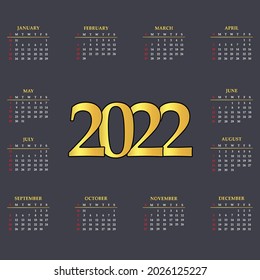 2022 Stylish Calendar Golden and White Color.