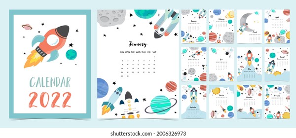 2022 table calendar week start on Sunday with astronaut and galaxy that use for vertical digital and printable 