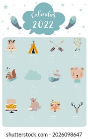 2022 table calendar week start on Sunday with feather that use for vertical digital and printable A4 A5 size 