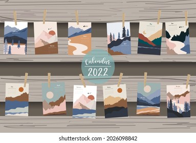 2022 table calendar week start on Sunday with mountain,landscape that use for vertical digital and printable A4 A5 size 