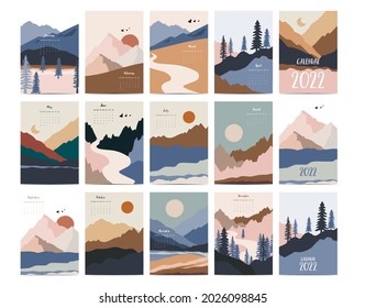 2022 table calendar week start on Sunday with mountain,landscape that use for vertical digital and printable A4 A5 size 