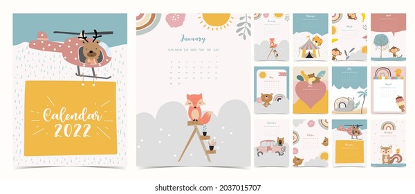 2022 table calendar week start on Sunday with animal and rainbow that use for vertical digital and printable A4 A5 size 