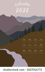 2022 table calendar week start on Sunday with mountain and sun that use for vertical digital and printable A4 A5 size 
