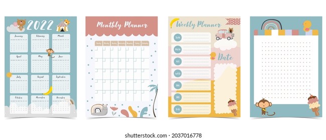 2022 table calendar week start on Sunday with animal and rainbow that use for vertical digital and printable A4 A5 size 