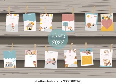 2022 table calendar week start on Sunday with animal and rainbow that use for vertical digital and printable A4 A5 size 