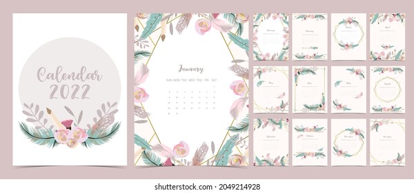 2022 Table Calendar Week Start On Sunday With Feather And Flower That Use For Vertical Digital And Printable A4 A5 Size 