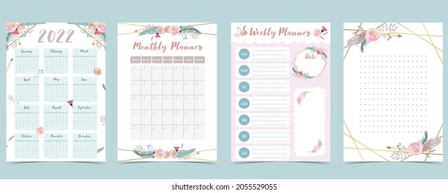 2022 table calendar week start on Sunday with feather,flower that use for vertical digital and printable A4 A5 size 