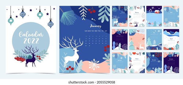 2022 table calendar week start on Sunday with winter,landscape that use for vertical digital and printable A4 A5 size 